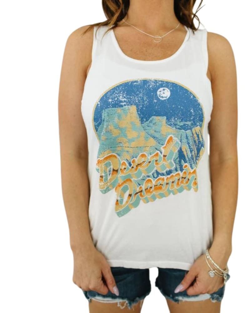 Front of a model wearing a size L Desert Dreamin Graphic Tank in White in White by BANDIT BRAND. | dia_product_style_image_id:346687